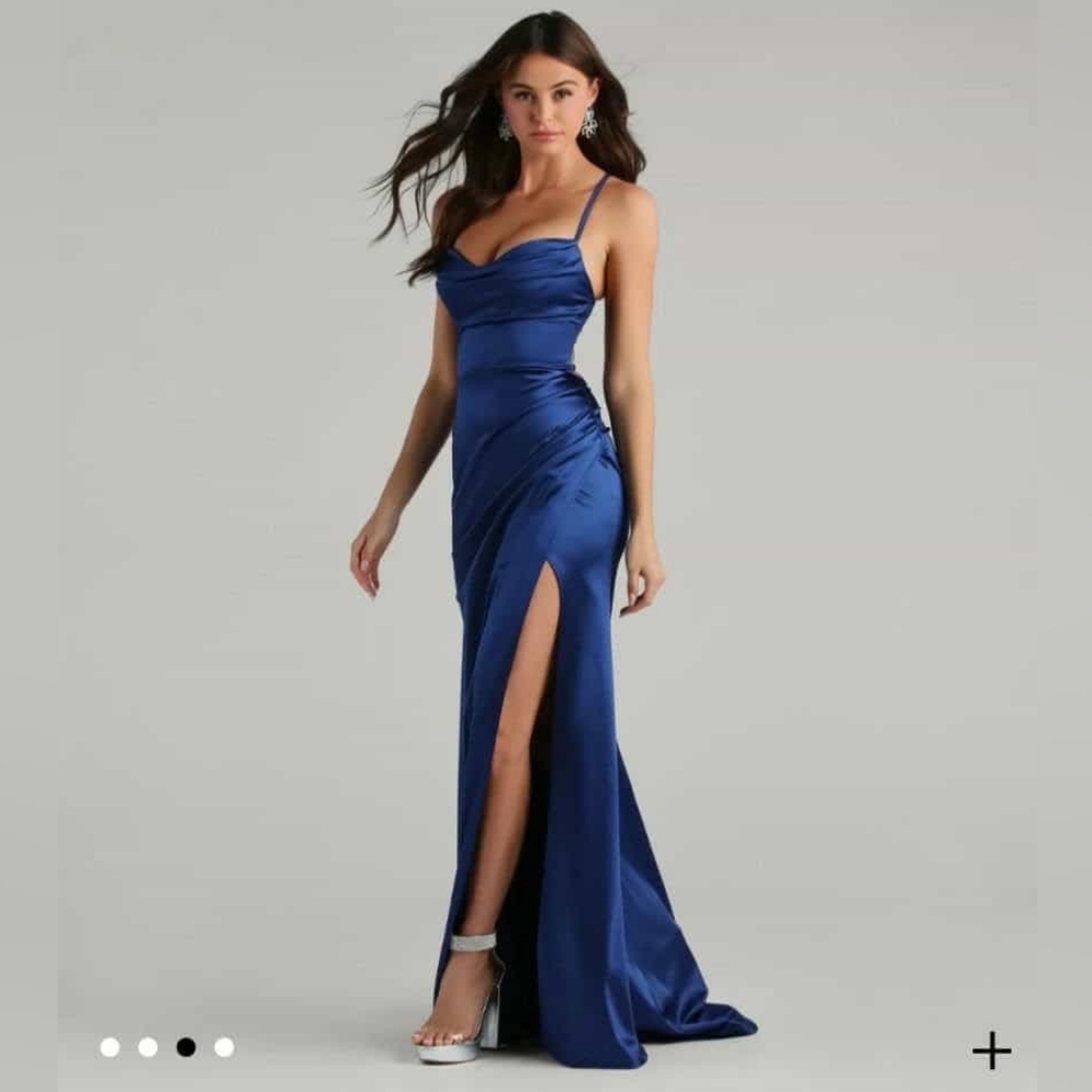 Elegant Blue Satin Evening Gown